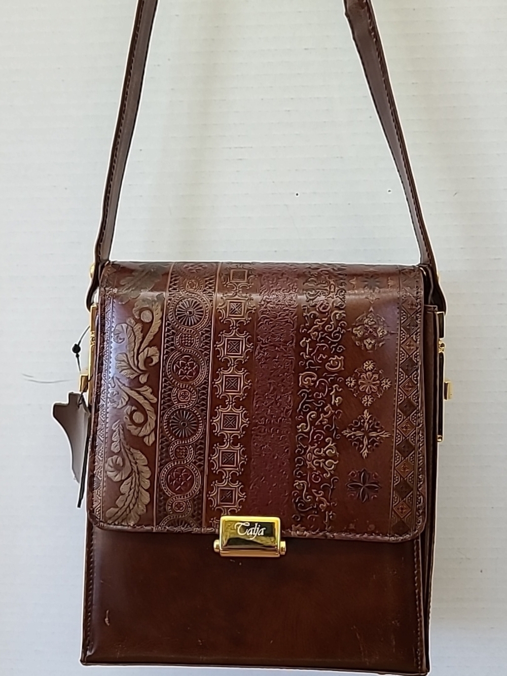 Talja Tascany Embossed Brown Leather Crossbody Bag with Gold Accent 7x9x3"